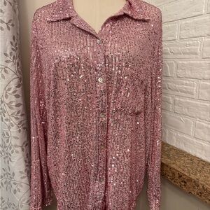 Sequin Pink Button-Up Women's Top size small